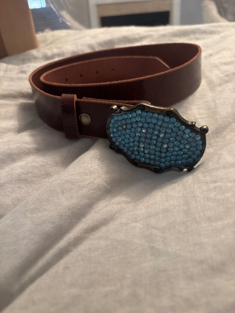 Vintage rhinestone buckle with leather belt